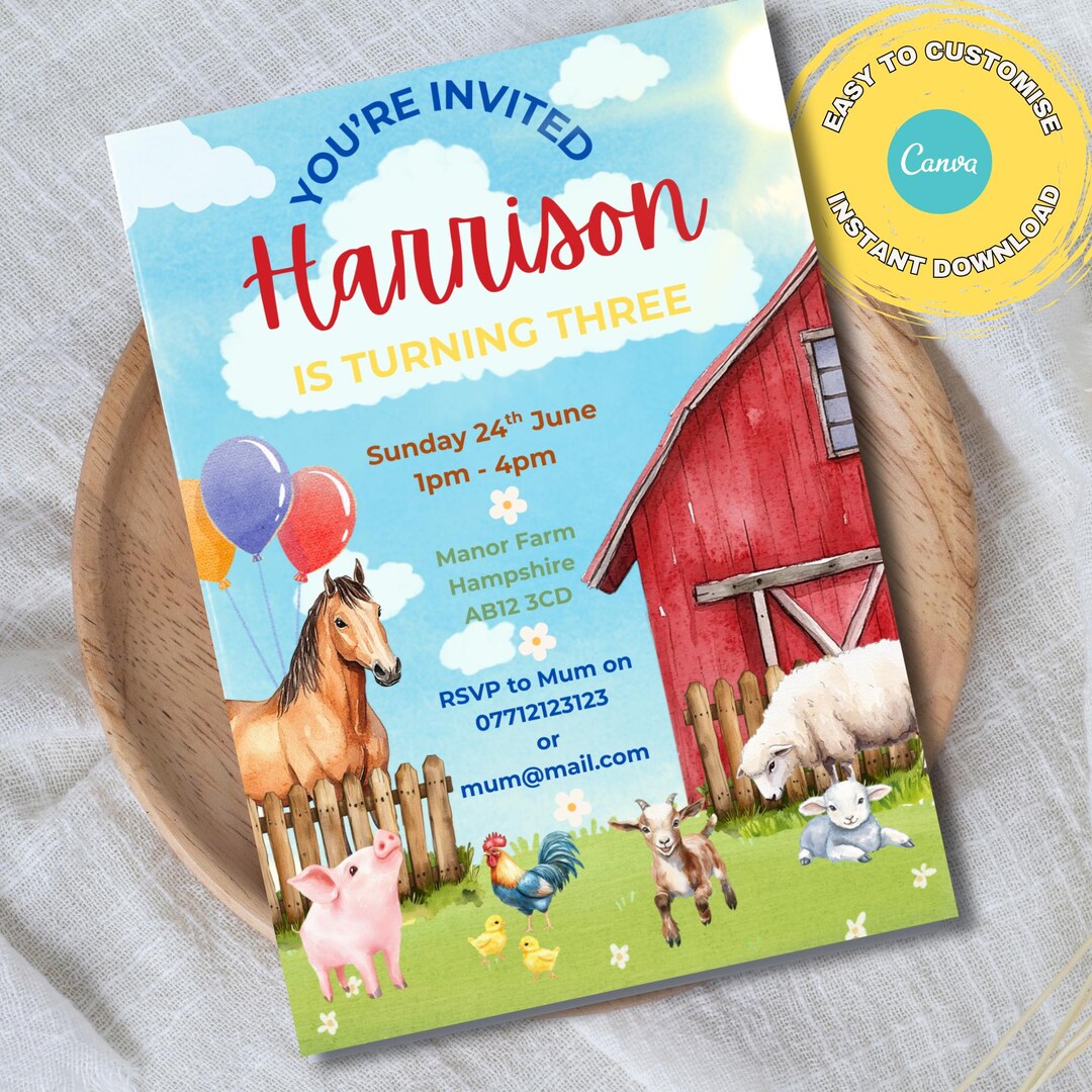 Farm Animal Birthday Invitation: Editable Barnyard Party Invite (5x7 ...