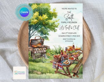 Plantilla de invitación para reunión familiar con barbacoa, editable e imprimible, descarga digital