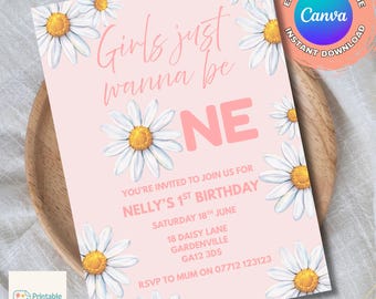 Girls Just Wanna Be One Birthday Invitation, Floral 1st Birthday Printable Editable Invite