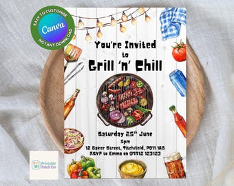 Plantilla de invitación para barbacoa "Grill 'n' Chill", fiesta de verano al aire libre, fiesta en el jardín, invitación editable e imprimible para barbacoa.