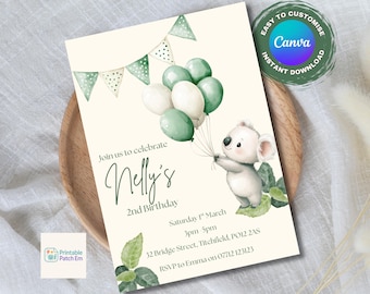 Invitación de cumpleaños con temática de koala, plantilla editable de Canva (descarga digital, 5 x 7 pulgadas)