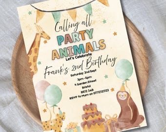 Party Animal Birthday Invitation: Editable Kids Template Digital Download, 5x7 & Social Media Format