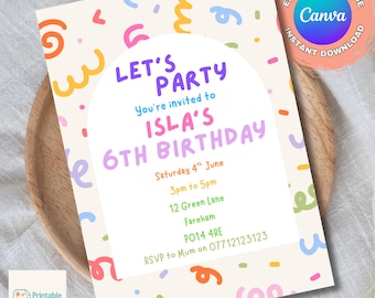 Invito di compleanno per bambini con coriandoli, invito colorato per feste, modificabile e stampabile, download digitale