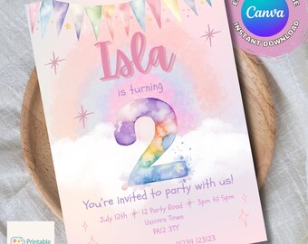Invitación arcoíris para segundo cumpleaños: plantilla editable de Canva (5 x 7 pulgadas) Descarga digital