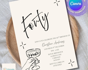 Invito minimalista per il 40° compleanno, invito modificabile di classe, download immediato, stampabile