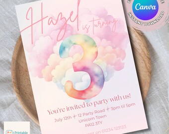 Rainbow 3rd Birthday Invitation: Editable Invite Canva Template (5x7 inch) Digital Download
