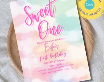 Convite de 1º aniversário Sweet One: Tema de doces de arco-íris (download digital do Canva) 5 x 7 polegadas