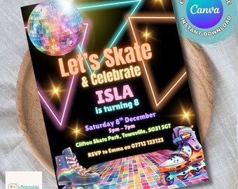 Invitación para fiesta de patinaje sobre ruedas / Cumpleaños de patinaje para niños imprimible / Invitación de discoteca retro editable / Plantilla de cumpleaños de patinaje sobre ruedas para niñas