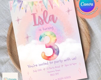 Invito per il terzo compleanno arcobaleno: modello Canva modificabile (5 x 7 pollici) download digitale