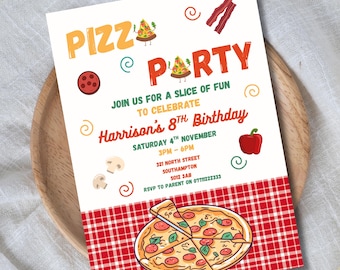 Plantilla de invitación para fiesta de pizza: Tema de cumpleaños divertido, editable (Canva, descarga digital)
