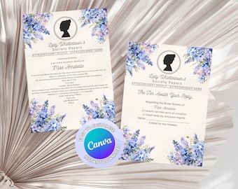 Invitación para despedida de soltera de Bridgerton, inspirada en Lady Whistledown, descarga digital, plantilla de Canva