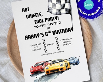 Convite de aniversário de carro de corrida: festa Hot Wheels, bandeira quadriculada (5x7, download digital)