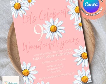 Invitación de 90 cumpleaños, descarga digital, plantilla editable, diseño floral, invitación para fiesta de cumpleaños de mujer