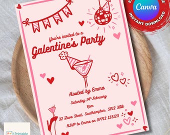 Retro Galentine's Party Invitation, Girls Night, Pink Disco (Instant Download)