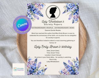 Invitación de cumpleaños de Bridgerton, invitación inspirada en Lady Whistledown, descarga digital, plantilla de Canva.