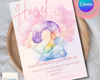 Invito per il secondo compleanno arcobaleno: modello di invito modificabile Canva (5 x 7 pollici) download digitale