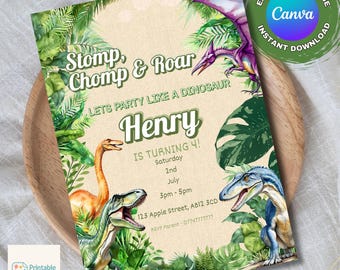 Modello di invito per compleanno a tema dinosauri: design modificabile Canva, invito per festa a tema dinosauri (download stampabile) 5 x 7 pollici