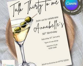 Convite "Talk Thirty to Me", Convite Editável para Festa de Aniversário de 30 Anos com Tema Martini