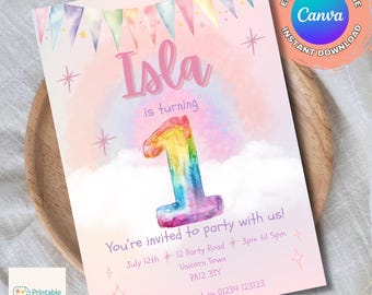 Invito per il primo compleanno in stile pastello: modello Canva modificabile a tema arcobaleno (5 x 7 pollici) - Download digitale
