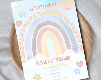 Invito di compleanno arcobaleno: modello Canva modificabile (dimensioni 5x7 e Instagram) (download PDF)