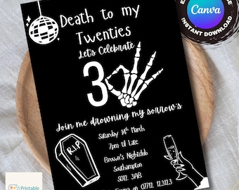 Muerte a mis 20, Invitación para fiesta de cumpleaños número 30, Descarga digital, Invitación de cumpleaños editable e imprimible, D.E.P. años 20