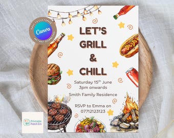 Invito per barbecue "Grill 'n' Chill", festa estiva all'aperto, festa in giardino, invito stampabile e modificabile.