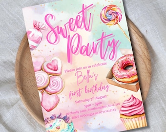Plantilla de invitación de cumpleaños de Sweet Party Candyland, editable: 5 x 7 pulgadas (descarga en PDF)