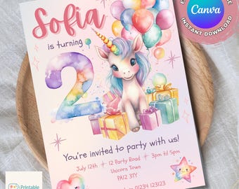 Invitación de unicornio para segundo cumpleaños, plantilla editable de Canva, invitación a fiesta arcoíris mágica de 5 x 7 pulgadas
