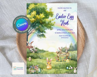 Invitación para búsqueda de huevos de Pascua, invitación imprimible para fiestas, plantilla de Canva