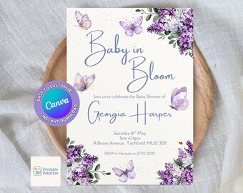 Invitación para baby shower con diseño de mariposas, invitación "Bebé en flor", descarga digital editable.
