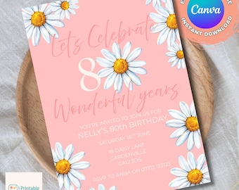 Invitación de cumpleaños número 80 de Daisy, descarga digital, editable e imprimible.