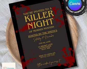 Invitación para fiesta de misterio y asesinato "Noche de Asesinatos", editable e imprimible, descarga digital