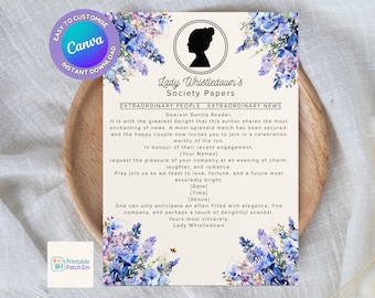 Invitación para fiesta de compromiso de Bridgerton, invitación inspirada en Lady Whistledown, descarga digital, plantilla de Canva.