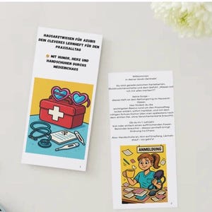 May include: Two white pamphlets with German text and illustrations. One features a red first aid kit, heart-shaped glasses, and medical tools. The other shows a woman at a desk with the word "ANMELDUNG".
