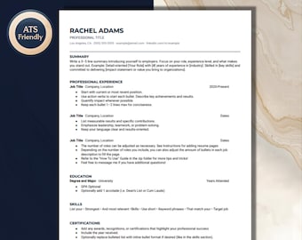 May include: A resume template with the name "Rachel Adams" at the top. The document includes sections for summary, professional experience, education, skills, and certifications. The ATS Friendly logo is in the top left corner.