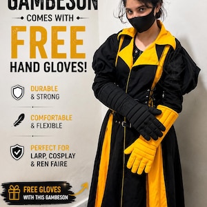 May include: A black and yellow long-sleeved gambeson with a collared neckline and matching padded gloves. The text on the image reads: THIS GAMBESON COMES WITH FREE HAND GLOVES! DURABLE & STRONG, COMFORTABLE & FLEXIBLE, PERFECT FOR LARP, COSPLAY & REN FAIRE.