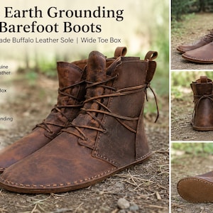 May include: Brown buffalo leather barefoot boots featuring a wide toe box, lace-up closure, and a flat sole. The text reads: Men Earth Grounding Barefoot Boots, Handmade Buffalo Leather Sole, Wide Toe Box, 100% Genuine Buffalo Leather, Earth Grounding Design.