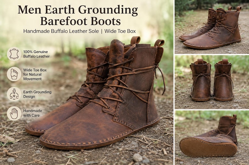 May include: Brown buffalo leather barefoot boots featuring a wide toe box, lace-up closure, and a flat sole. The text reads: Men Earth Grounding Barefoot Boots, Handmade Buffalo Leather Sole, Wide Toe Box, 100% Genuine Buffalo Leather, Earth Grounding Design.