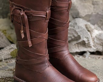 Medieval Viking Leather Boots for Men – Brown LARP Renaissance Pirate Costume Shoes, Norse Mid-Calf Boots