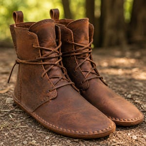 May include: A pair of ankle-high brown leather boots featuring a lace-up front closure with thin matching laces, a rounded toe box, visible stitching along the sole edge, and a small pull tab at the back of each boot collar for easy access.