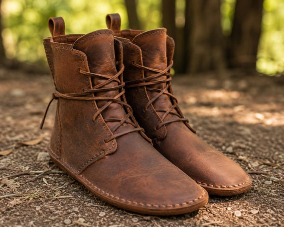 Handmade Brown Leather Barefoot Boots, Wide Toe Box, Zero Drop Minimalist Hiking Shoes