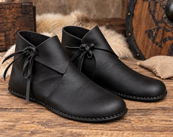 Handmade Viking Turn Shoes Black Leather Medieval Reenactment Footwear