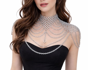 Collar de hombro de malla metálica plateada / Pieza llamativa de armadura gótica / Ropa para festivales