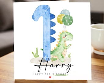 Personalized 1st Birthday Dinosaur Card for Boys, Cute Blue Dino First Birthday Card, Custom Name Age 1 Card, Toddler Birthday