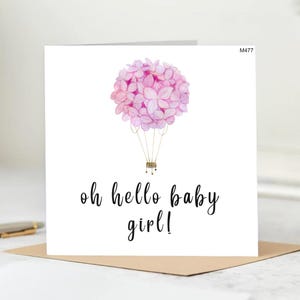 Oh Hello Baby Girl Card-Newborn Baby Girl Greeting Card - Pink Floral Balloon Baby Shower Card - Cute Baby Announcement Card