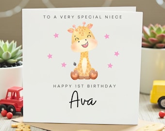 Personalised 1st Birthday Card for Niece, Cute Giraffe First Birthday Card with Name, Baby Girl One Birthday Card