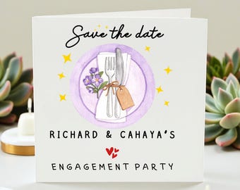 Save The Date kaart verlovingsfeest, gepersonaliseerde uitnodiging verlovingsfeest, aangepaste paarnamen bruiloft uitnodiging, dinerkaart paarse bloemen