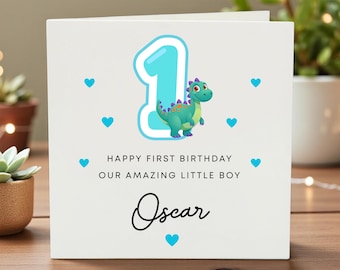Personalized First Birthday Card for Boys, 1st Birthday Dinosaur Card, Custom Name, Keepsake, Cute Boy Birthday Greeting
