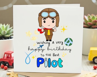 Best Pilot Birthday Card, Wishing You a Very Happy Birthday Pilot Card, Cute Aviator Illustration, Gift for Pilot Dad 6x6