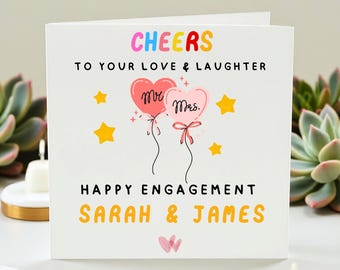 Tarjeta de compromiso personalizada, tarjeta de felicitación de feliz compromiso, tarjeta con globos de Sr. y Sra., tarjeta con los nombres de la pareja, regalo para la novia y el novio.